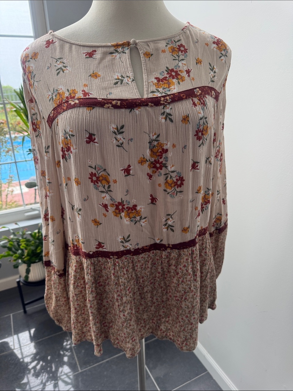 Maurices Cream Floral Tunic with Burgundy Trim